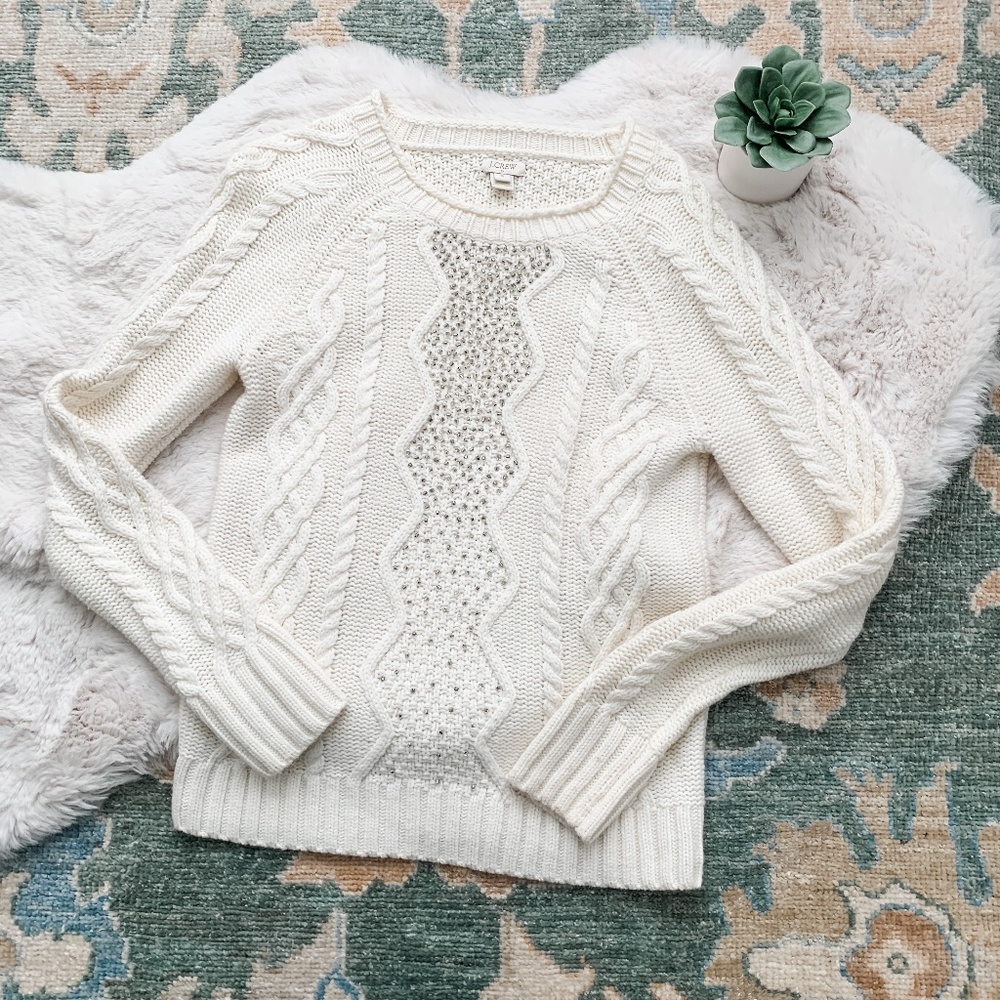 J Crew Cream Beaded Cable Knit Sweater- Size Small